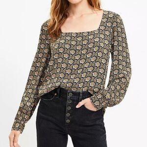 LOFT floral square neck blouson long sleeves top, medium, blue/ yellow